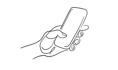 Hand holding phone continuous line art drawing isolated on white background. Communication chat on the phone. Vector illustration