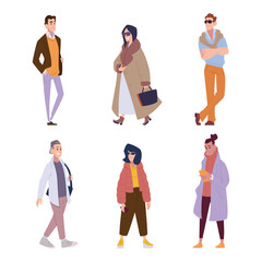 Fashioned people. Male and female characters standing in casual modern style clothes exact vector urban outfits collection