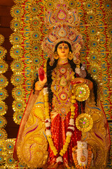 Fototapeta premium Subho mahalaya, An idol of Goddess Durga decorated in Pandal. Durga Puja is biggest religious festival of Hinduism and for bengalis and is now celebrated worldwide.