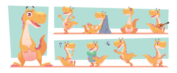 Cartoon dinosaur. Cute monster dragon in action poses dinosaur with emotions exact vector illustration © ONYXprj