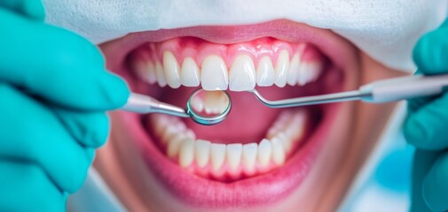 a patient's mouth during a dental checkup, with tools inspecting teeth and gums for dental health and hygiene. a strict dental procedure ensures cleanliness and effectively removes