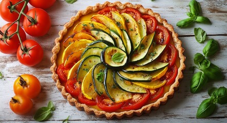 Colorful vegetable tart with tomatoes and fresh basil on a rustic wooden table