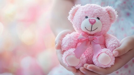 A close-up shot of a pair of hands gently holding a pink teddy bear with a breast cancer awareness ribbon around its neck, the background is softly blurred with pastel colors, symbolizing comfort,
