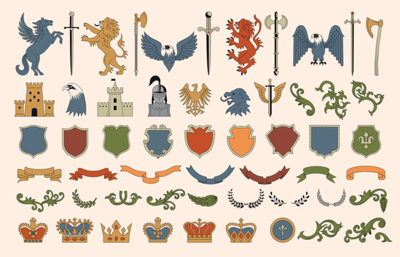Heraldic. Elements collection for heraldic badges design stylized pictures of weapons shields fantasy animals lions and dragons recent vetor set