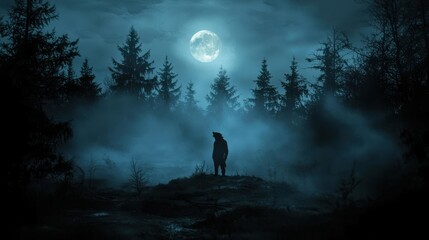 A foggy night scene with a silhouette of a werewolf howling at the full moon, surrounded by dense trees and glowing eyes