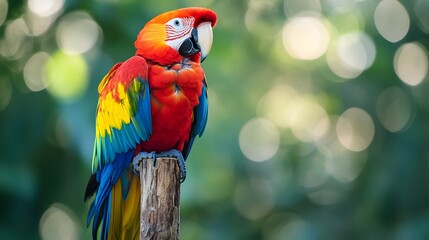 Obraz premium Colorful Parrot Perched on a Wooden Stick: A vibrant parrot with a mix of bright feathers perched on a wooden stick against a soft, blurred background.