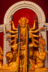 Subho mahalaya, An idol of Goddess Durga decorated in Pandal. Durga Puja is biggest religious festival of Hinduism and for bengalis and is now celebrated worldwide.