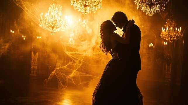 A couple dressed as vampires dancing under a golden light bokeh in a darkly decorated ballroom with chandeliers and cobwebs