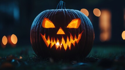Obraz premium A close-up of a carved pumpkin with an eerie face and candlelight glowing from within against a dark background
