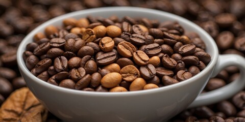 Fototapeta premium Coffee beans in a cup surrounded by a pile of beans.