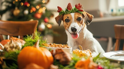 Fototapeta na wymiar An animal-focused Thanksgiving with pets wearing festive accessories and a smart feeder programmed for holiday treats in a tech-savvy home setting