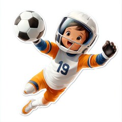 Joyful child in sports uniform enthusiastically playing soccer, showcasing excitement and energy in a dynamic pose.