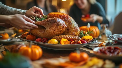 Close-up of a diverse familys hands holding in gratitude around a Thanksgiving dinner table, with a rustic table setting and colorful seasonal dishes