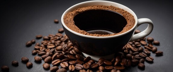 Obraz premium Coffee filter holder with and roasted beans scattered around on black background.