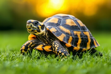 Obraz premium Yellow-footed Tortoise Walking Through Green Grass