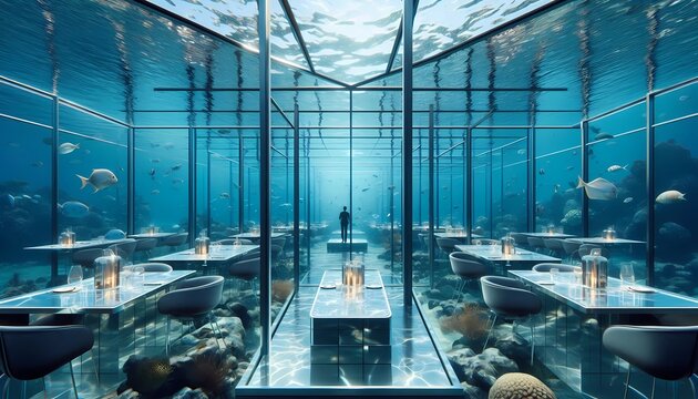 Fototapeta Futuristic bauhaus restaurant immersed in the bottom of the Caribbean Sea, large windows where you can see the sea, large mirrors. Bauhaus interior design. generative artificial intelligence tools.
