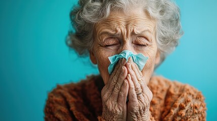 Cold. Portrait of a sad old woman, runny nose. An elderly woman has the flu and sneezes from a seasonal viral problem. Fever and cold in elderly with flu