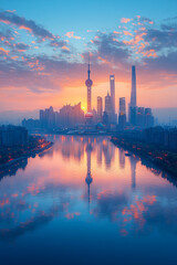 Naklejka premium A city skyline is reflected in the water of a river