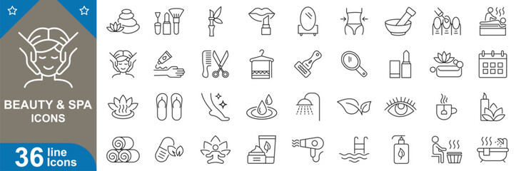 Beauty and spa icons set. Organic spa, luxury, skin care, services, herbal, wellness, aesthetic, natural, holistic, self-care and more. vector illustrator.
