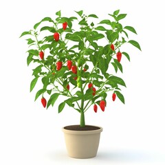 A potted plant with red peppers growing on it