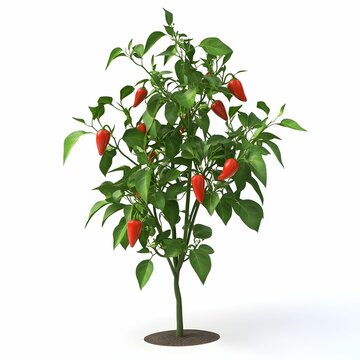 A tree with red peppers growing on it. The tree is full of green leaves and the peppers are ripe and ready to be picked