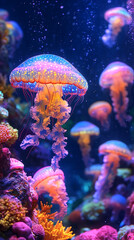 A group of jellyfish are swimming in a tank with a colorful background
