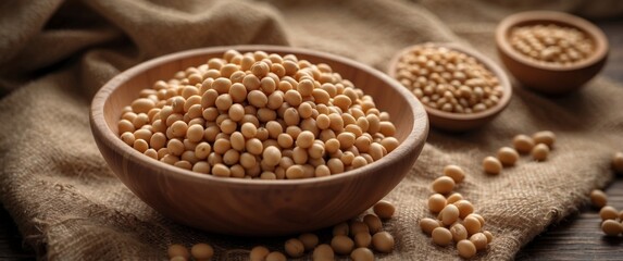 Fototapeta premium Soybeans in a wooden spoon on burlap sackcloth.