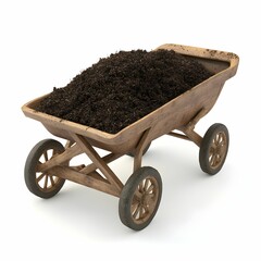 A wooden wheelbarrow filled with dirt