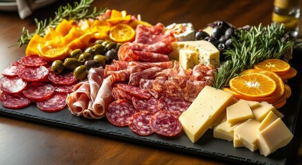 A vibrant charcuterie board featuring cured meats, cheeses, fruits, and nuts for a gathering