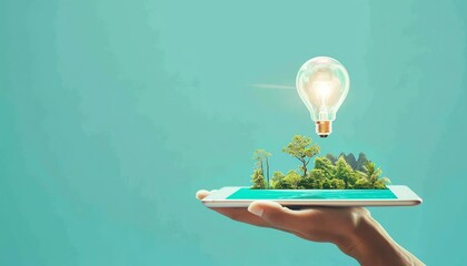 Tablet with lightbulb and landscape, hand holding, turquoise background, innovative and ecofriendly concept