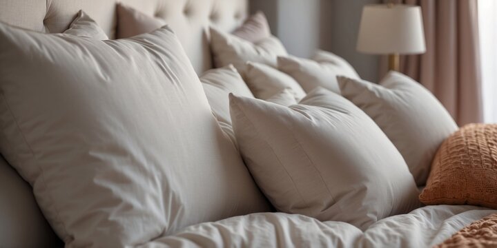 Close Up of Soft Pillows and Bedding in a Luxurious Bedroom.