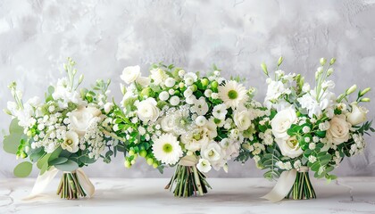 Fototapeta premium Three elegant bouquets of white and green flowers, on a light background