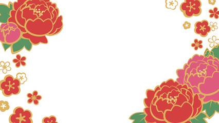手書き風の和風の牡丹と梅のフレーム_16:9 © ふわぷか