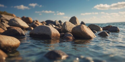 A stunning ocean view with rocks in the foreground and a blue sky dotted with clouds in the background.
