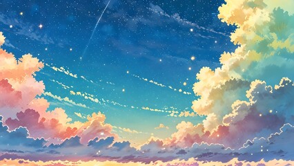 Naklejka premium a magical background with a sky filled with pastel toned clouds in soft shades of yellow, pink, and turquoise. stars a glittering effect. dreamy calm and serenity
