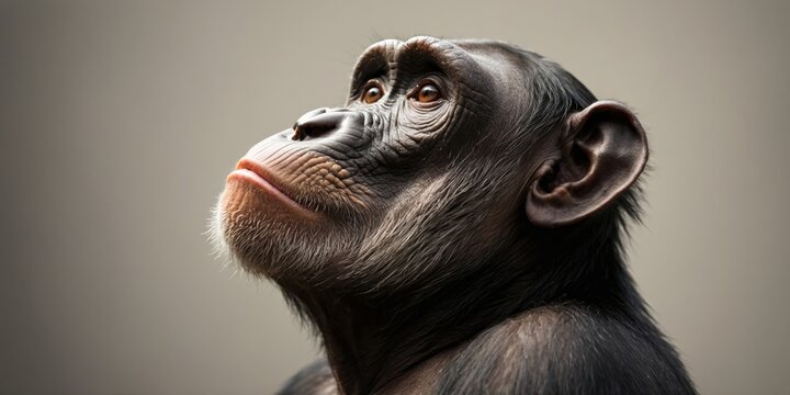 Side profile of chimpanzee gazing upward Neutral background.