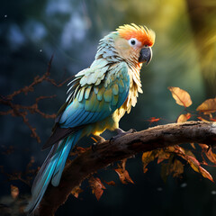 Fototapeta premium A colorful blue and green parrot perched on a branch amidst vibrant green, AI Generated