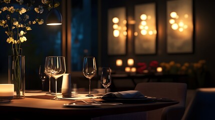 An intimate dining experience with moody lighting and high-detail 3D-rendered gourmet dishes