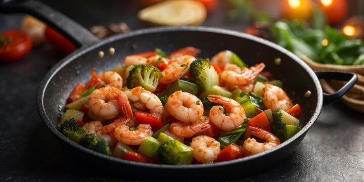 Sizzling shrimp with vegetables in a hot pan.