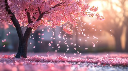 Serene Beauty of Cherry Blossom Tree with Falling Pink Petals in Full Bloom