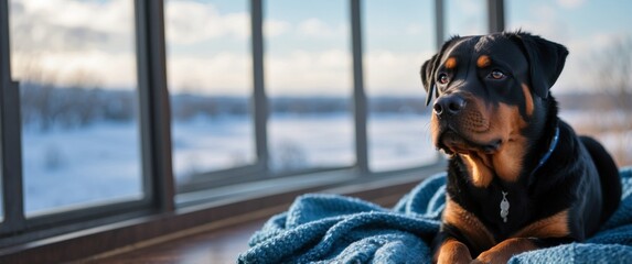 a Rottweiler sitting on a blue blanket looking out the window at the winter landscape.