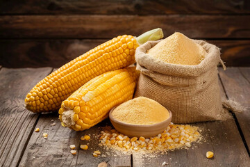 Corn cobs next to a sack of cornmeal on rustic wooden table. Ai Generated