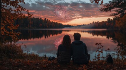 Couple Watching Colorful Fireworks Display Over Tranquil Lake at Sunset