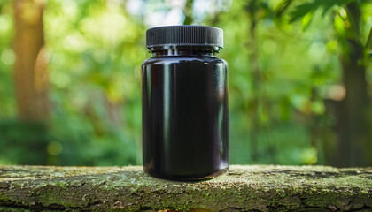 Brown medical plastic jar, natural background. Packaging for drugs, vitamins. Pill container. Pharmacy industry. Mock-up. Close-up.