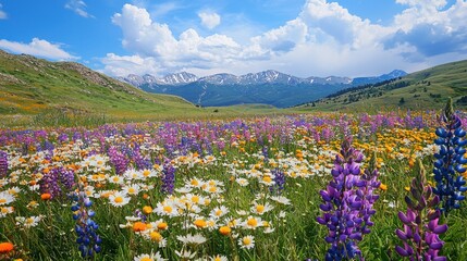 Obraz premium Serene Meadow Bliss: Beautiful Lupines and Daisies Against Rolling Hills