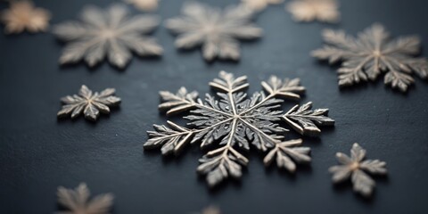 Slate gray background with snowflake designs.
