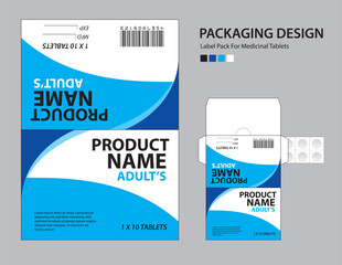 Label pack for medicinal tablets, label medicine paper design, medicine packaging design, healthcare product design. product label, realistic mock-up. wave background concept. vector illustration