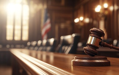 Wooden gavel on a desk in a courtroom with American flag in the background, symbolizing justice, law, and legal proceedings.