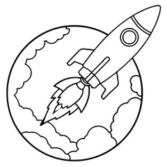 Rocket launching from Earth, detailed line art for children