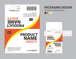 Label pack for medicinal tablets, label medicine paper design, medicine packaging design, healthcare product design. product label, realistic mock-up. wave background concept. vector illustration
